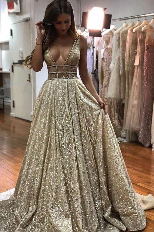 Elegant Sparkly V Neck Open Back Sequin Shiny Long Sleeveless Prom Dresses JS105