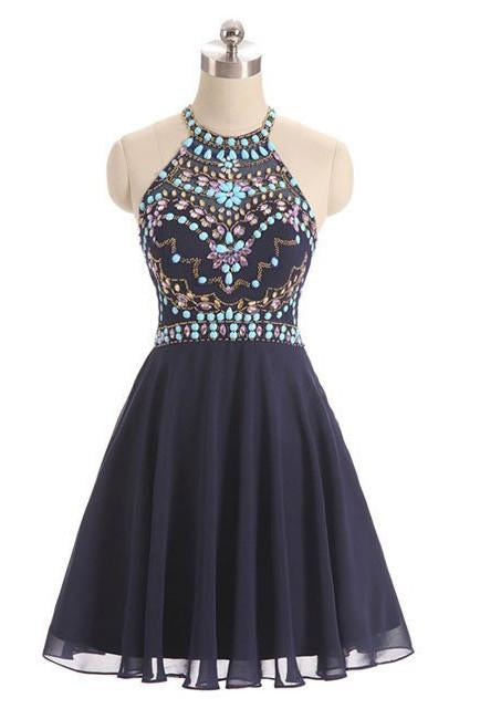 Dark Blue Beads Short Cute Halter Sweet 16 Cocktail Dress GR56