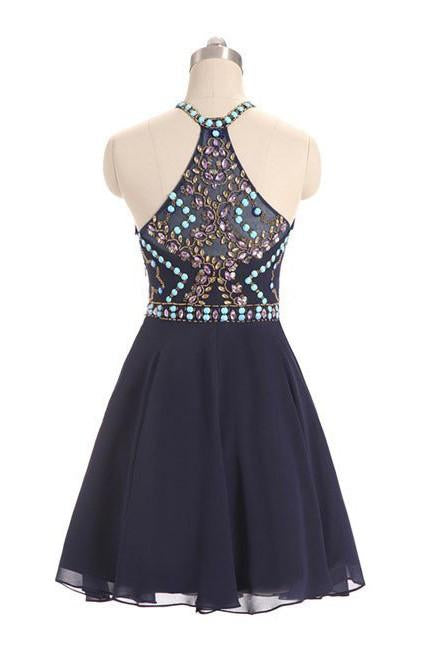 Dark Blue Beads Short Cute Halter Sweet 16 Cocktail Dress GR56