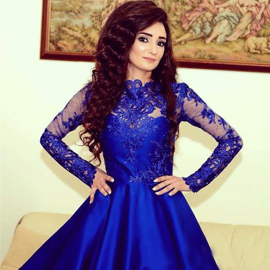 Lace Royal Blue Long Sleeves Homecoming Dress Short Prom Dresses