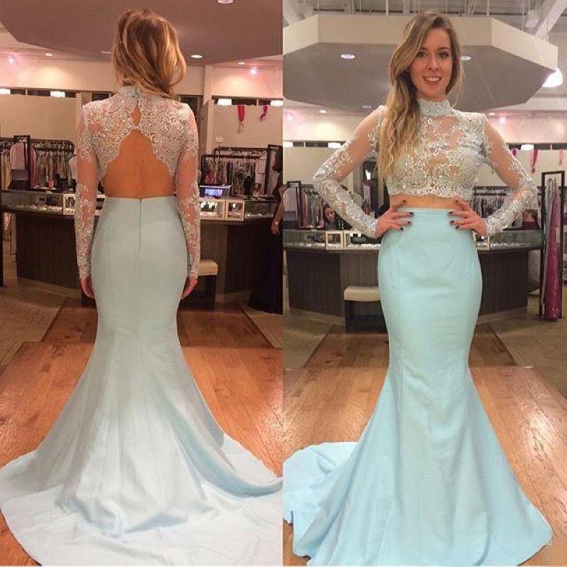 Pale Pink Two Pieces Long Sleeves Lace Mermaid See Through Jewel Neckline Prom Dresses JS201