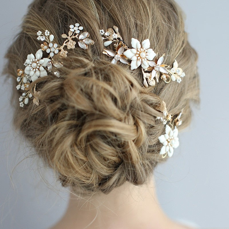 Gold Floral Bridal Headpiece Hair Pin Clip Handmade Leaf Wedding Hair Ornament Prom Jewelry