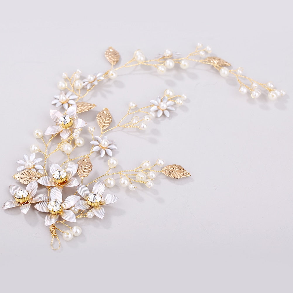 Gold Flower Crystal Pearl Bridal Headband Wedding Headpiece