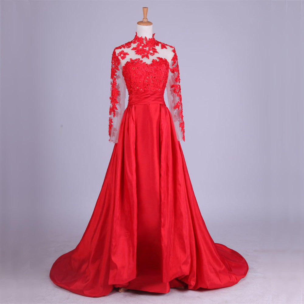 New Arrival Elegant Taffeta Applique Long Sleeve Empire Prom Gowns Evening Dresses JS857