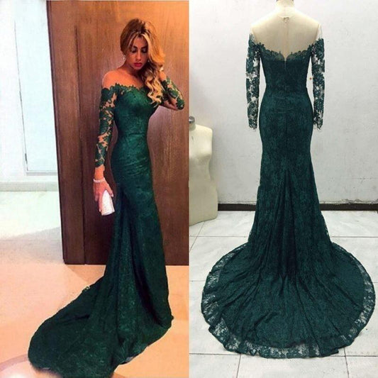 Mermaid Long Sleeves Lace Court Train Green Scoop Prom Dresses JS366