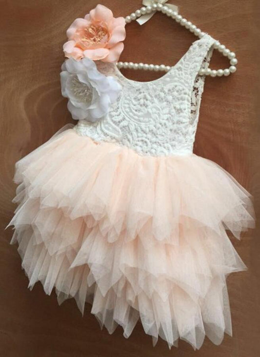 Princess Cute Pink Lace Tulle Flower Girl Dresses Layered Open Back Lovely Tutu Dresses JS776