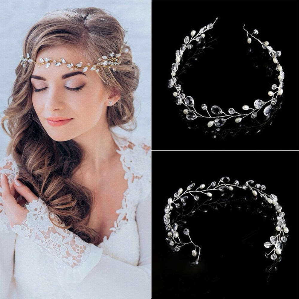 Wedding Headband Pearl Crystal Bridal Hair Accessories Headpiece Women Decorative Hair Vine