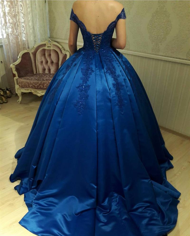 Royal Blue Satin Ball Gowns Quinceanera Dresses V Neck Off-the-shoulder