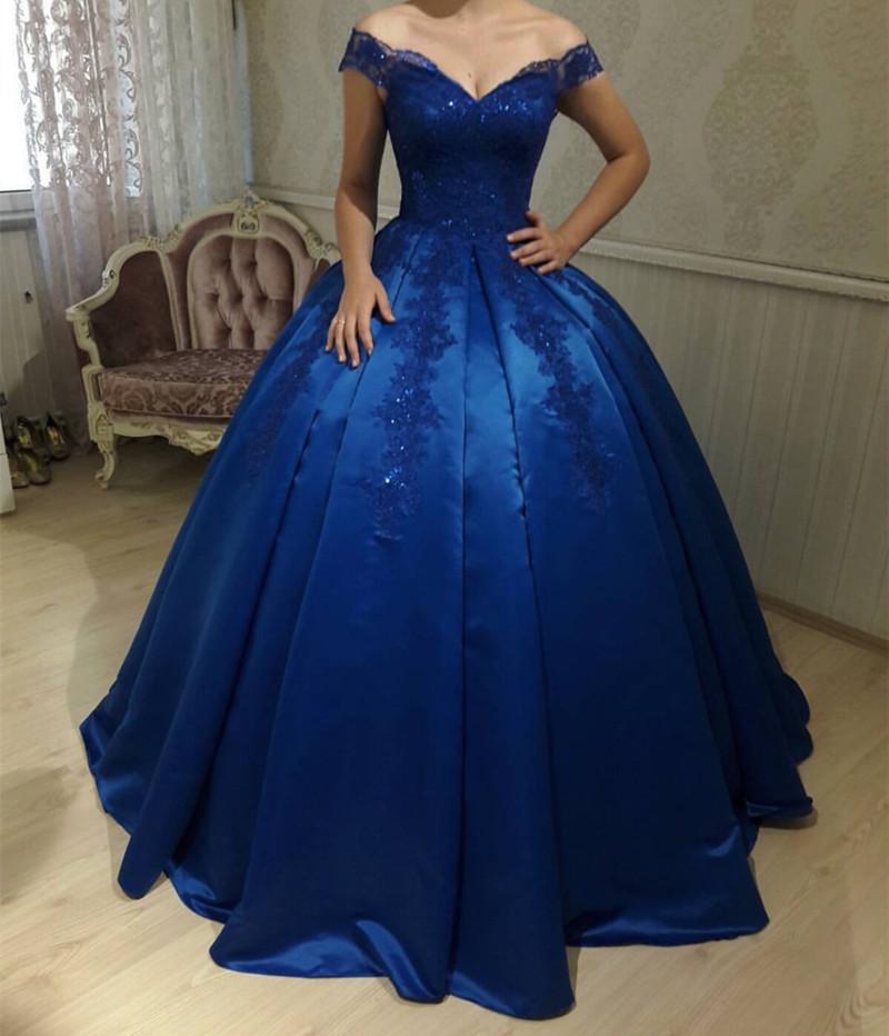 Royal Blue Satin Ball Gowns Quinceanera Dresses V Neck Off-the-shoulder