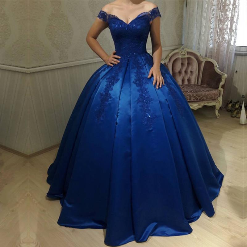 Royal Blue Satin Ball Gowns Quinceanera Dresses V Neck Off-the-shoulder