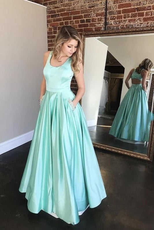 Mint Green Simple A-Line Satin Beaded Pockets Cut Back Long Prom Dresses