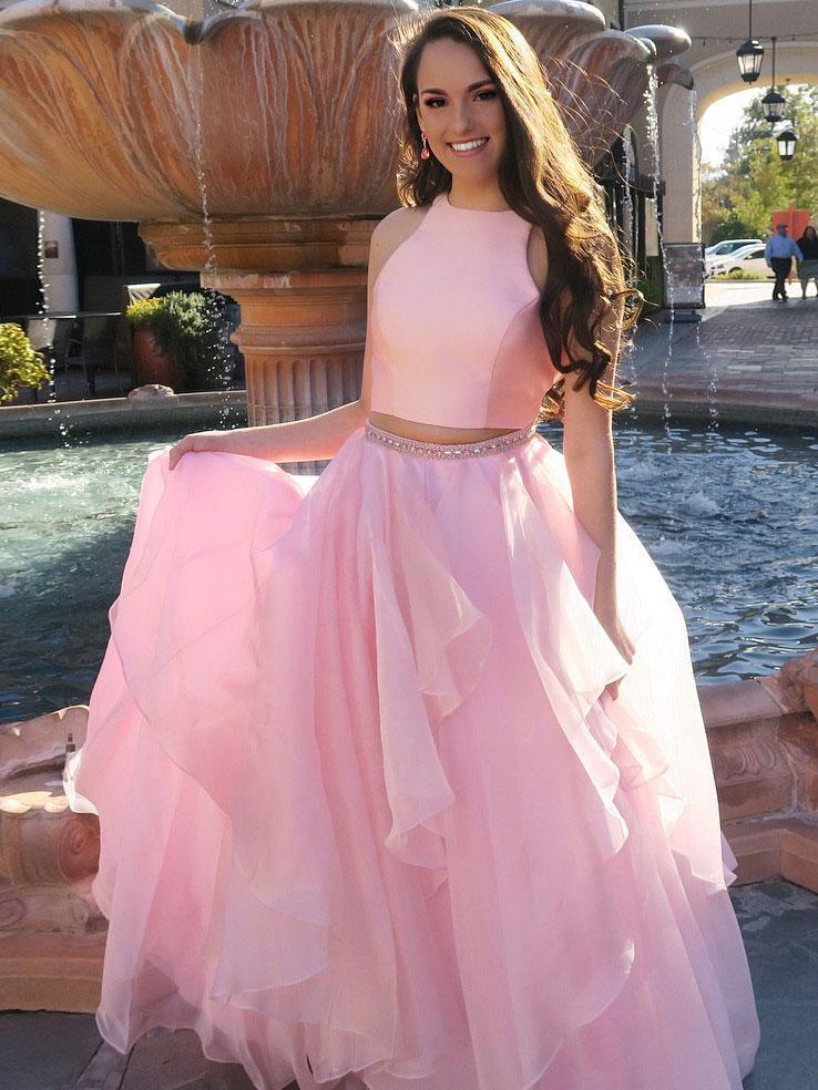 Two Piece A-line High Neck Beads Organza Long Sparkly Chic Evening Prom Dresses UK JS474