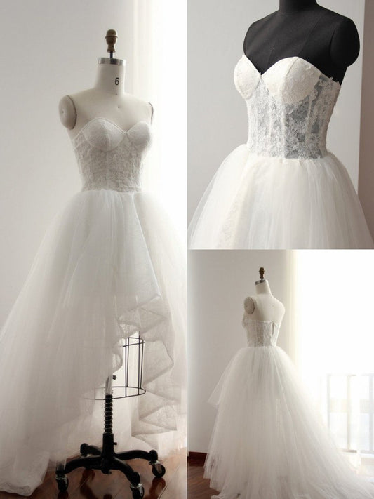 High Low Wedding Dresses Aline Sweetheart Tulle Ivory Lace Bridal Gown