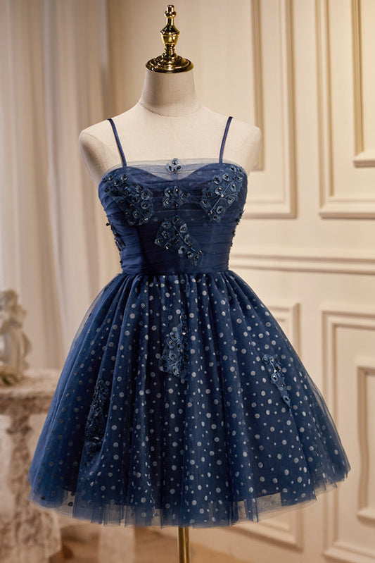 Dark Navy Spaghetti Straps Tulle Short Homecoming Dresses