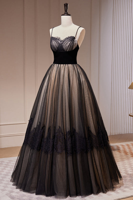 Simple Black Spaghetti Straps Lace A Line Tulle Long Prom Dresses