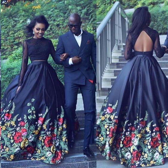 Two Piece Lace Floral Print Black Sexy Open Back Long Sleeve High Neck Prom Dresses