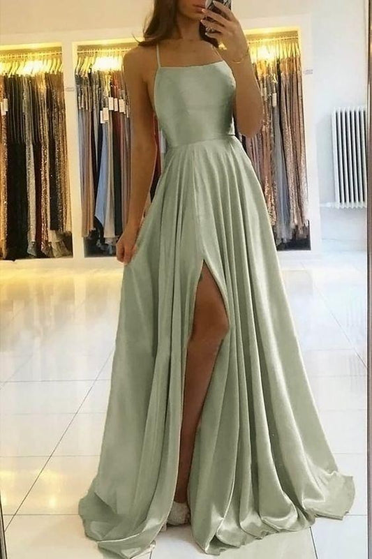 Dusty Sage Simple Elegant Spaghetti Straps Long Prom Dresses