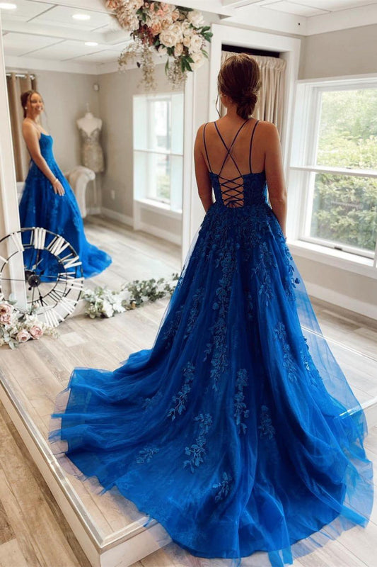 Princess A Line Lace Appliques Royal Blue Tulle Long Formal Dresses Prom Dresses