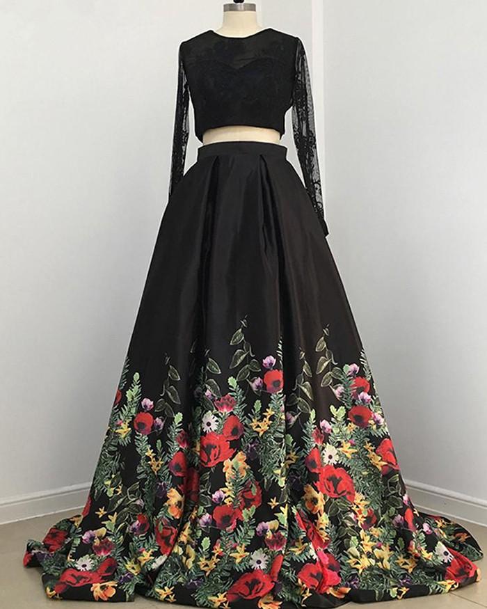 A line Two Piece Black Long Sleeve Prom Dress With Floral Print Skirt Evening Dresses JS672