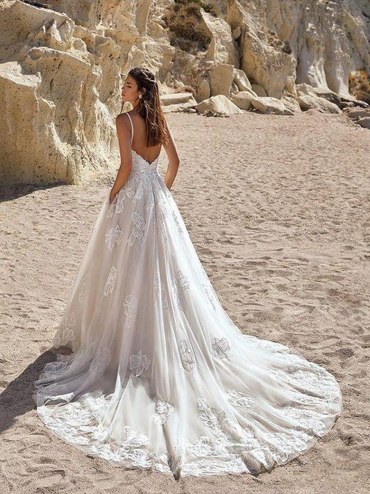 A Line Chic Spaghetti Straps Applique Lace Wedding Dress Bridal Gowns