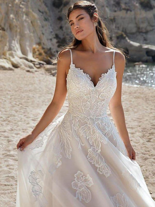 A Line Chic Spaghetti Straps Applique Lace Wedding Dress Bridal Gowns