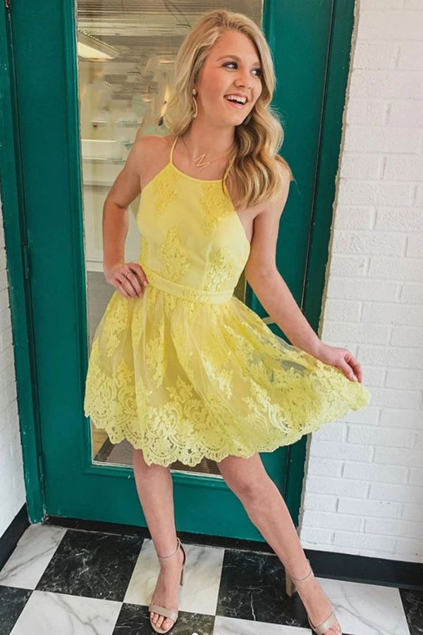 Backless Short Lace Appliques Prom Dresses,A Line Yellow Graduation Homecoming Dresses,Cocktail Dress