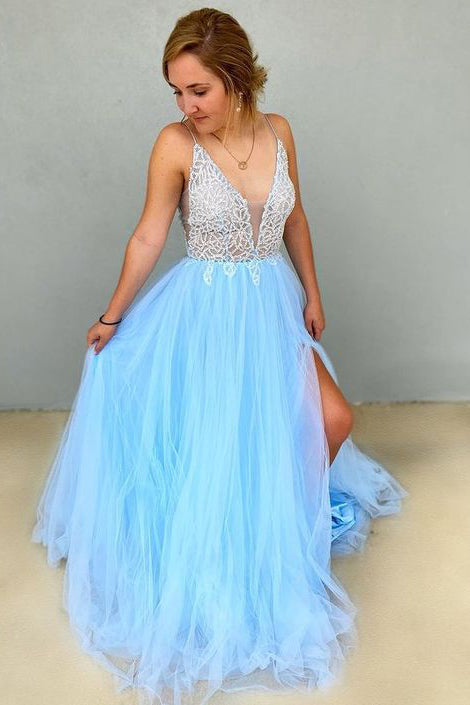 V Neck A Line Tulle Beading Sky Blue Long Prom Dresses With Slit