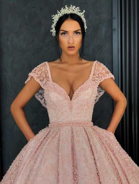 Chic Ball Gown Straps Pink Cap Sleeve Sparkly V Neck Beads Quinceanera Dress with Pockets JS228