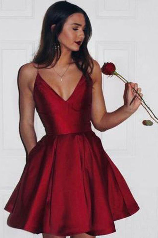 Burgundy Satin A-line V-neck Spaghetti Strap Homecoming Dress,Cocktail Dresses