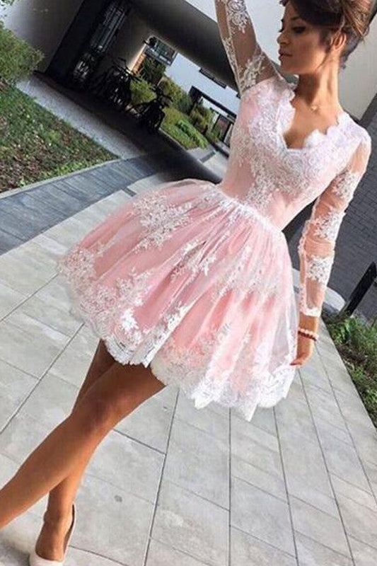 Cute A-line Pink Short Homecoming Dress,Long Sleeves Party Dresses