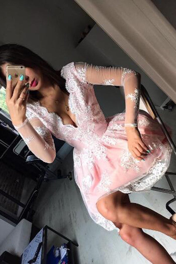 Cute A-line Pink Short Homecoming Dress,Long Sleeves Party Dresses