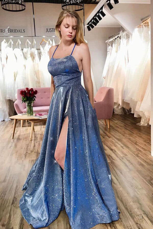 Sparkly Blue A-Line Spaghetti Straps Graduation Dresses With Split Long Prom Dresses