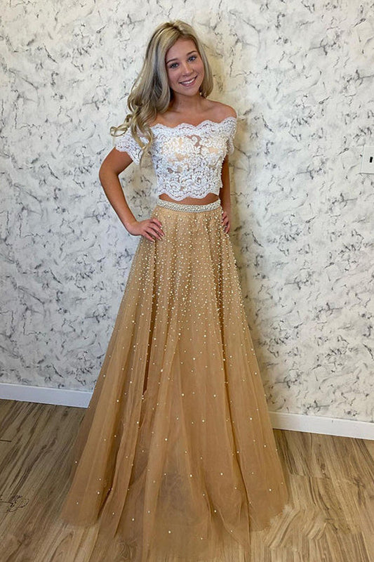 Two Piece Tulle Beaded Prom Dresses With Lace Top,WP363