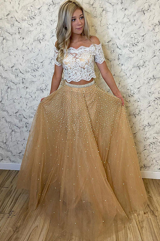 Two Piece Tulle Beaded Prom Dresses With Lace Top,WP363