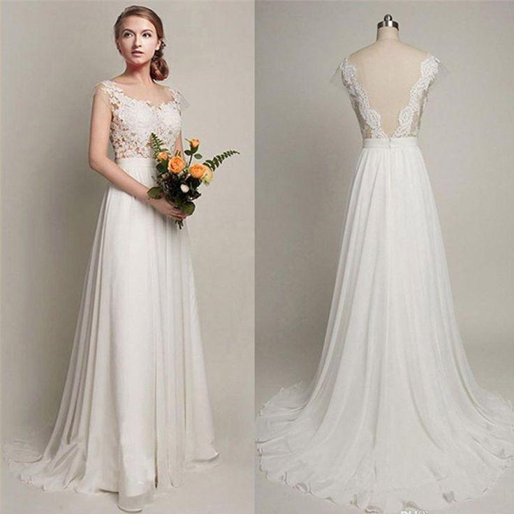 Back V Cap Sleeve Lace Cheap Chiffon High Quality Beach A-line Ivory Wedding Dresses JS227