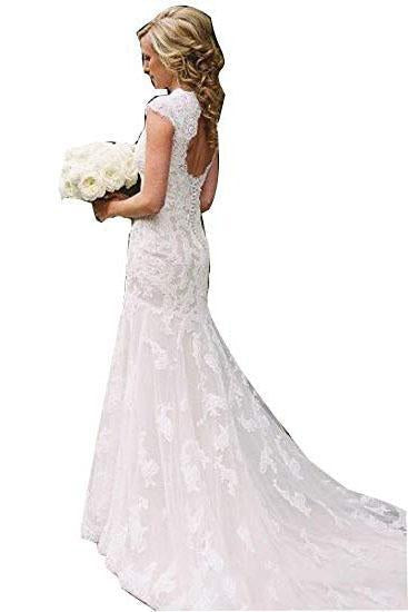 Sexy V Neck Back Hole Full Lace Mermaid Ivory Wedding Dresses Bridal Dresses JS326