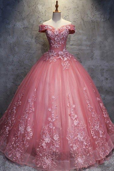 Ball Gown Off-the-Shoulder Watermelon Tulle Sweetheart Cheap Wedding Dresses with Appliques JS271