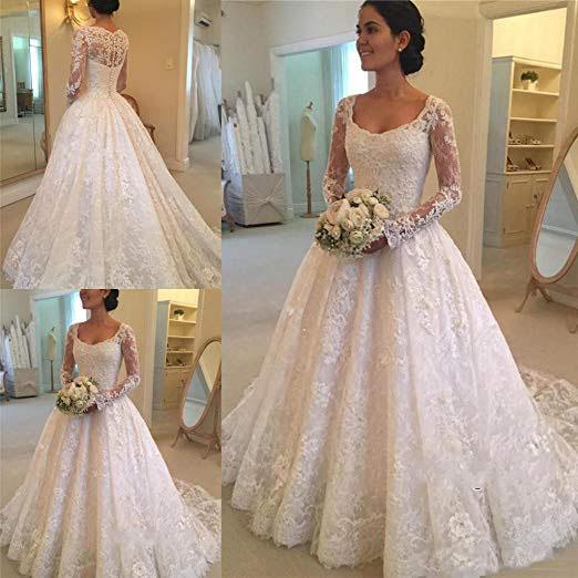 A Line Lace Applique Long Sleeve Sweetheart Covered Button Wedding Dresses JS331