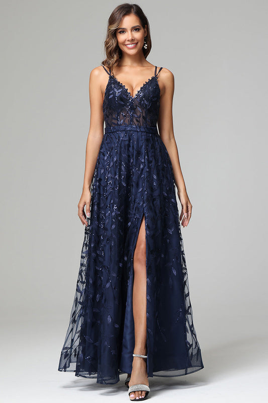 A-line Dark Navy Spaghetti Straps V-neck Lace Prom Dresses