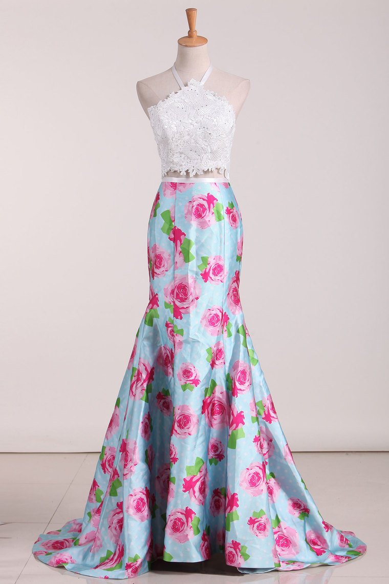 Two Pieces Halter Mermaid Floral Prom Dresses Sweep Train