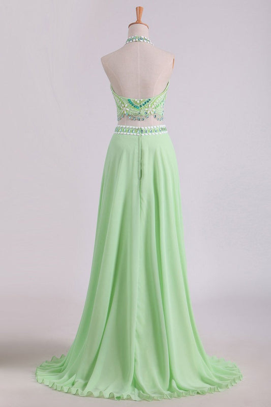 Two Pieces Prom Dresses Halter A Line Chiffon Sweep Train With Beading