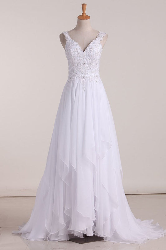 A Line Straps With Applique Wedding Dresses Chiffon Sweep Train