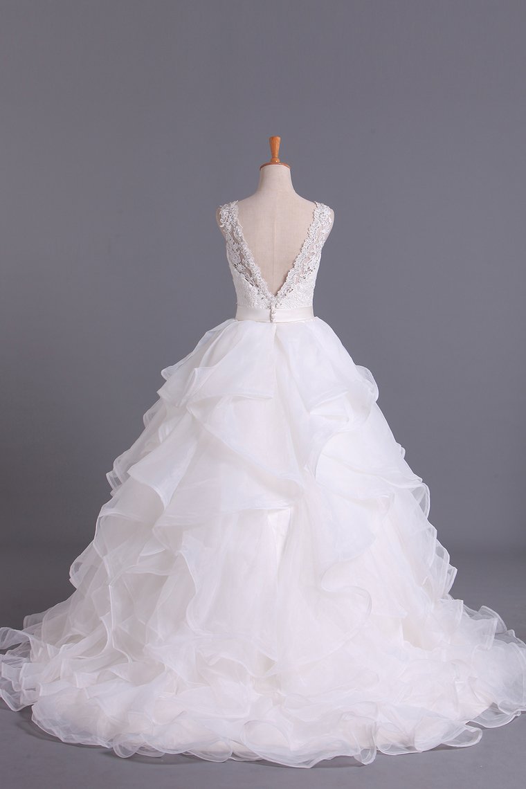 Hot Wedding Dresses V-Neck A Line Organza With Beading And Sash