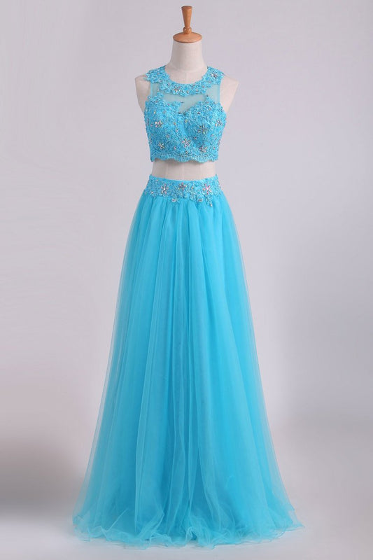 2024 Two Pieces Scoop Prom Dresses A Line With Applique & Beading Tulle