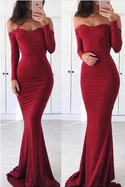 Sexy Off the Shoulder Long Sleeve Sweetheart Red Prom Dresses, Graduation SRS15668