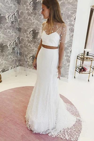 Elegant Two Pieces Lace Mermaid Short Sleeves Tulle Wedding Dresses SJS15581