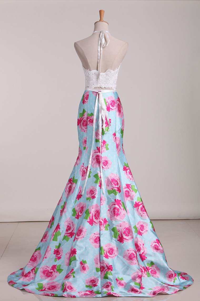 Two Pieces Halter Mermaid Floral Prom Dresses Sweep Train