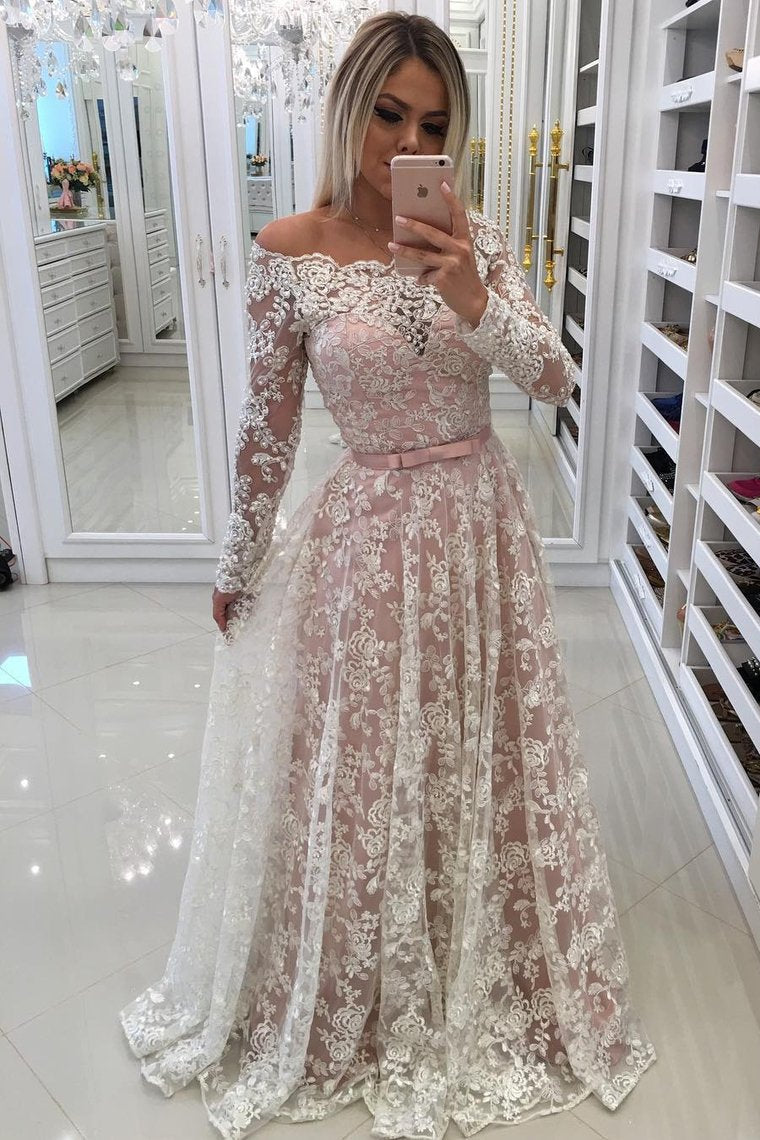 2024 Off The Shoulder Long Sleeves Lace A Line With Beads And Sash Prom Dresses