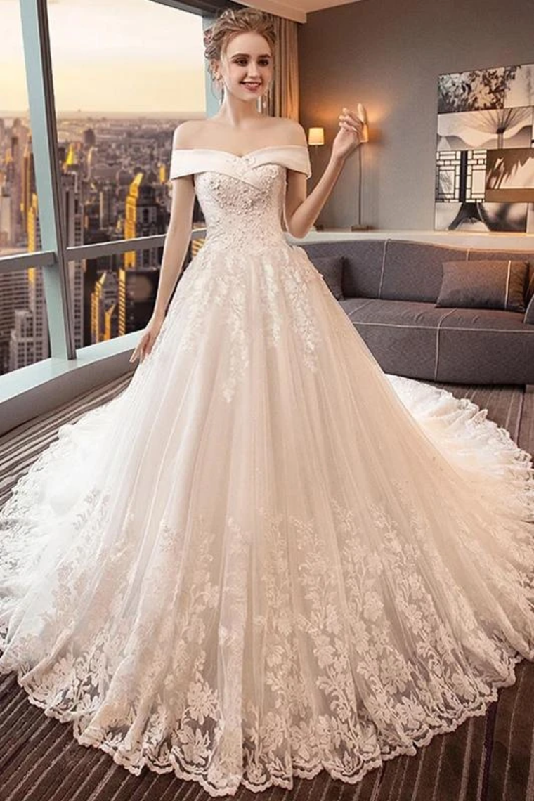 Gorgeous Off The Shoulder Lace Cathedral Train Wedding Dresses Princess Bridal SJSPT58L82L