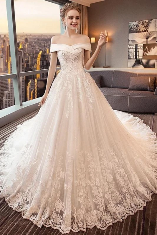 Gorgeous Off The Shoulder Lace Cathedral Train Wedding Dresses Princess Bridal SJSPT58L82L